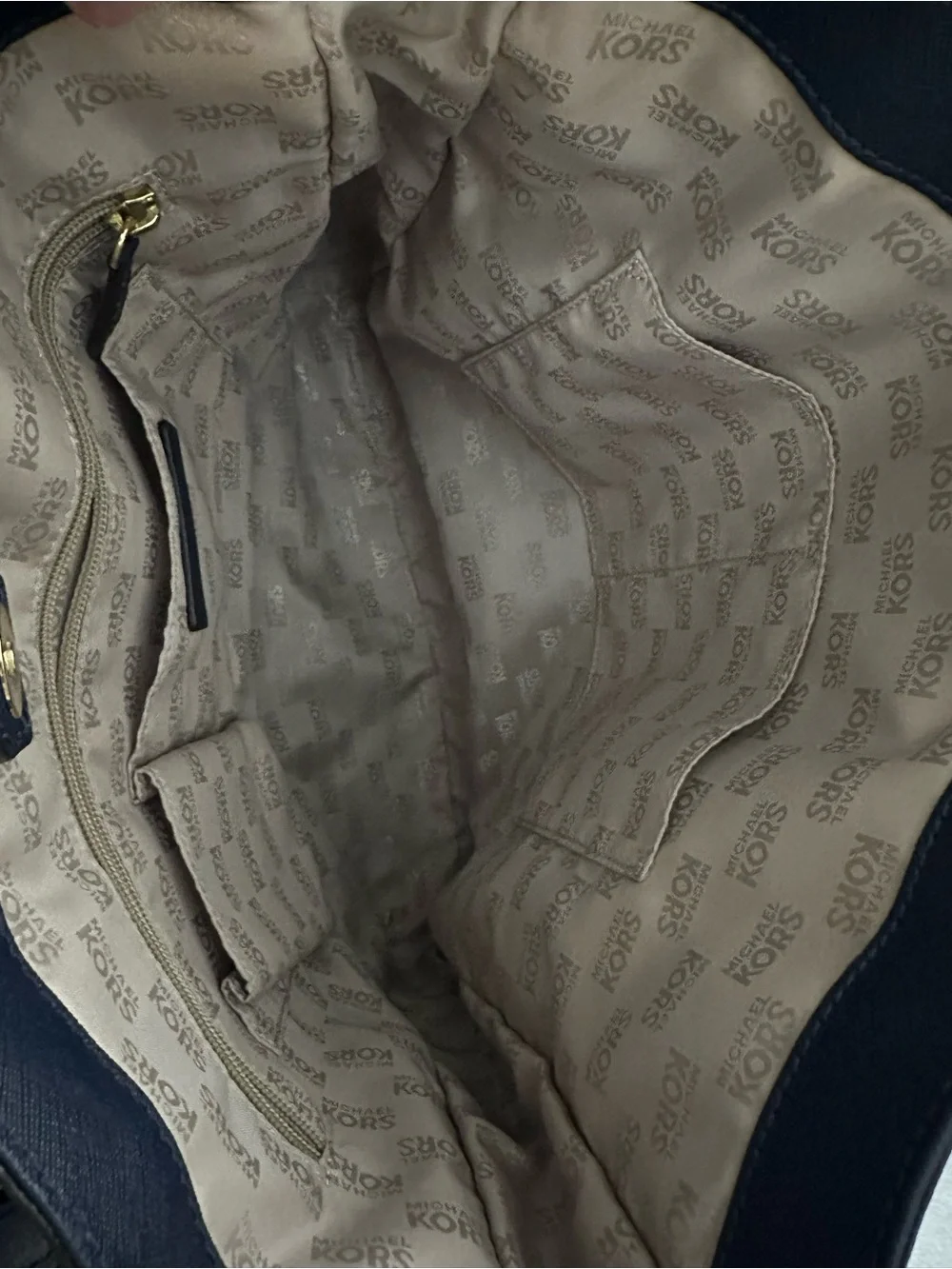 Michael Kors Navy Saffiano Zip-Top Tote with Gold MK Emblem